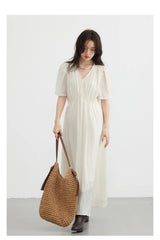 CHIC VEN Women Dresses French Style Vintage V-neck Puff Sleeve Long Dress Solid Black Loose Female Clothing Summer New 2023