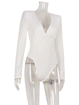 Ahagaga Fashion Women's Bodysuits Solid Regular Long Sleeves Deep V-Neck Basic Tops Skinny Streetwear Slim Fit Female T Shirts