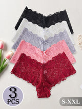 3PCS Elegant Women's Underwear V-shaped Waist Lace Floral Embroidery Panties Semi-Sheer Sexy Briefs Solid Color Lingerie