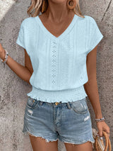 2025 Spring Summer New Fashion Blouses Solid V-Neck Jacquard Hollow-Out Smocking Short-Sleeve Shirts Fashion Casual Women's Tops
