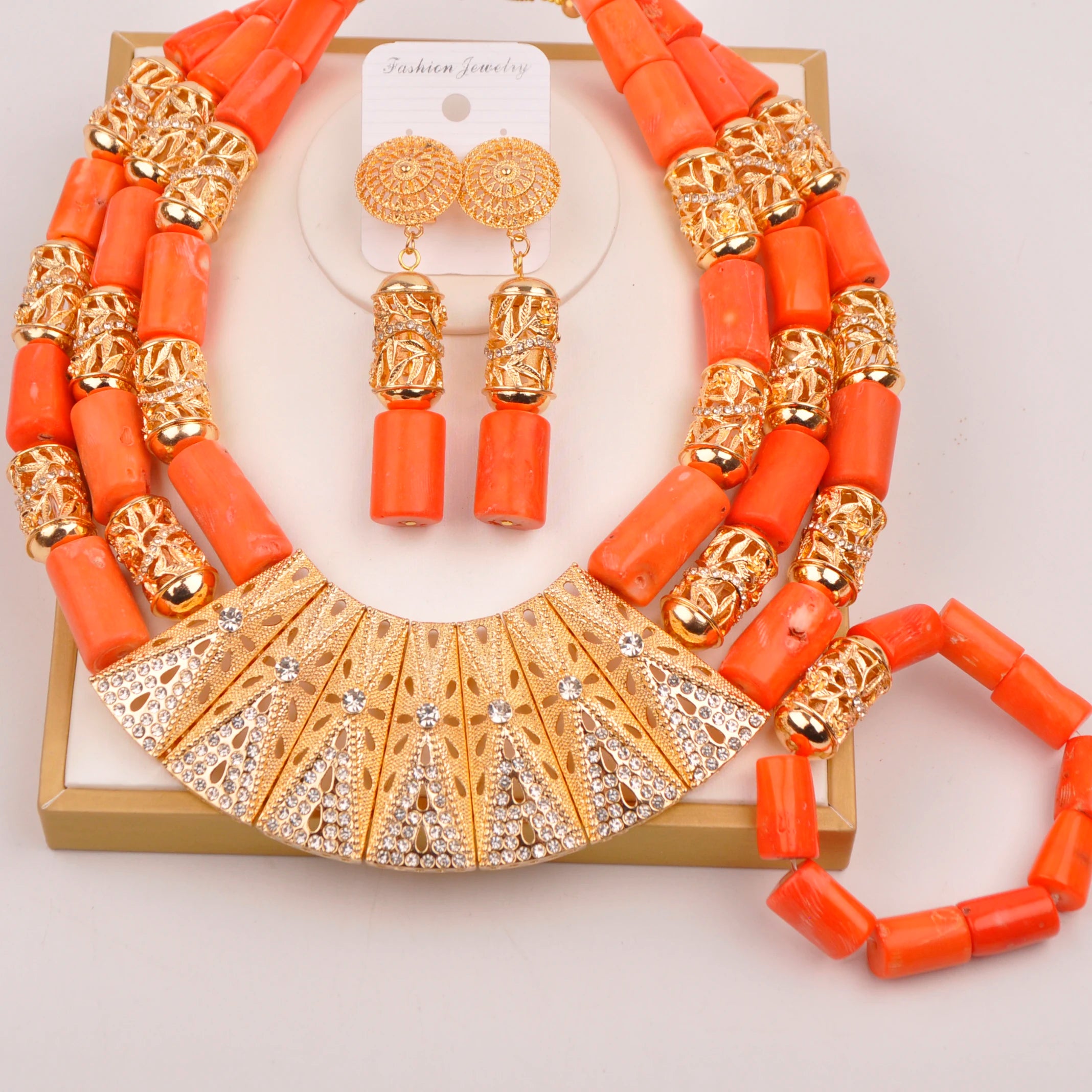32inches 2Layers orange artifinal nigerian coral bead jewelry set wedding