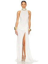 Blifanbo Turtleneck Off-shoulder Sleeveless Thigh Split High Waist Pleated Maxi Dress For Women Elegant Fashion Club Party Dress