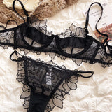 French Underwear Set Sexy Lace Flowers Embroidery Bra Set Women Intimates Summer Ultra Thin Breathable Bralette Lingerie Panties