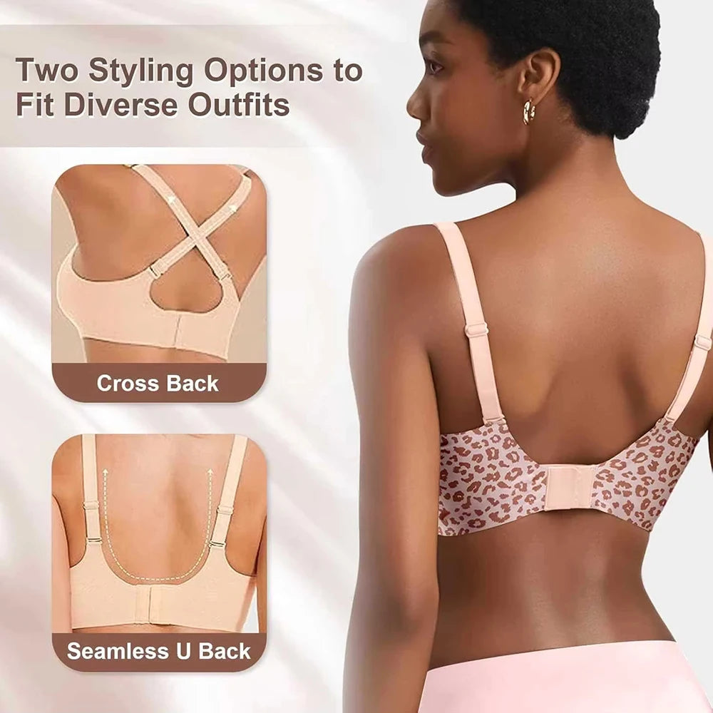 Deep V Jelly Bras Wireless Comfortable Bra Supportive No Underwire Bras Tshirt Push Up Bralette Pink Leopard Plunge Seamless Bra