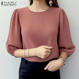 ZANZEA Women Crinkled Texture Puff Sleeve Blouse, Elegant O Neck 3/4 Sleeve Blusas Mujer, Summer Fashion Solid Color Casual Tops