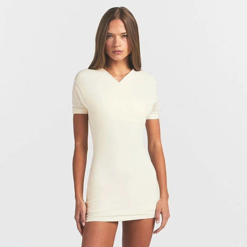 Nsauye 2026 Casual Summer Women Dresses Mini Bodycon Short Sleeve Sexy V Neck Party Evening Wrap Night Club Dress Outfits