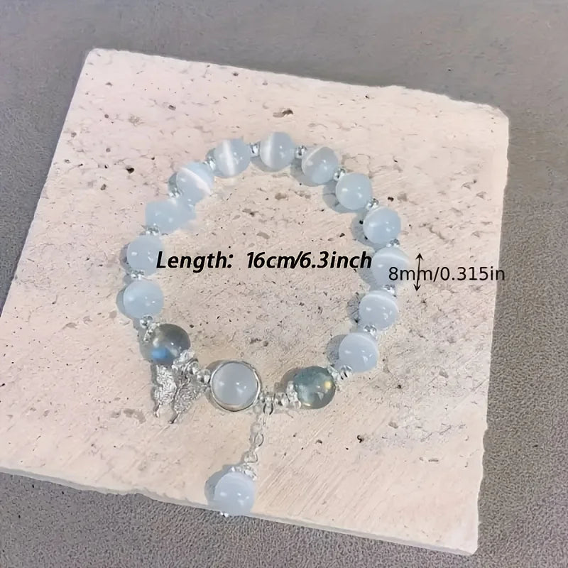 Dainty Blue Cats Eye Beaded Bracelet, Cute Butterfly Charm Elastic Hand Chain, Moonlight Opalite Stone Jewelry, Graduation Birthday Gift for Best Friend Teen
