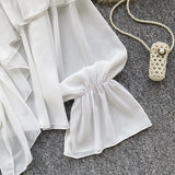 SINGREINY Chic Ruffles Splice Chiffon Blouse V Neck Flared Sleeve Loose Tops 2025 Fashion Solid Fairycore Vacation Women Shirt