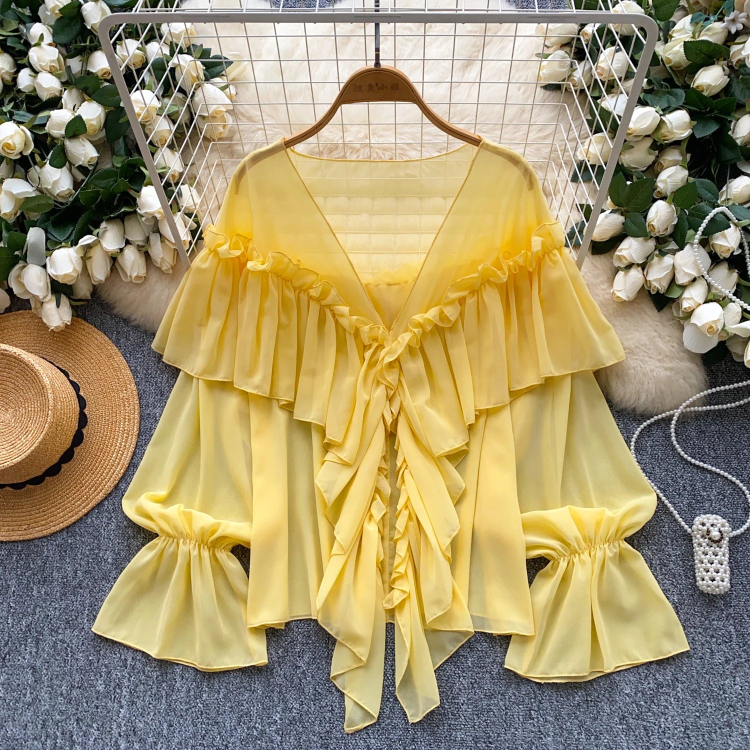SINGREINY Chic Ruffles Splice Chiffon Blouse V Neck Flared Sleeve Loose Tops 2025 Fashion Solid Fairycore Vacation Women Shirt