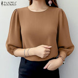 ZANZEA Women Crinkled Texture Puff Sleeve Blouse, Elegant O Neck 3/4 Sleeve Blusas Mujer, Summer Fashion Solid Color Casual Tops