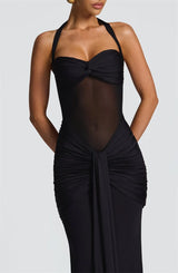 Mozision Halter Backless Sexy Maxi Dress Women Fashion Patchwork Off-shoulder Sleeveless Ruched Draped Bodycon Club Party Dress