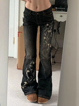Weekeep Floral Embroidery Jeans Vintage 2000s Low Rise Flared Jeans Women Retro y2k Baggy Denim Pants High Street Basic Trousers