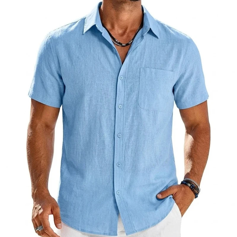 Mens Summer Solid Color Short Sleeve Tees and Premium Breathable Elegant Casual Shirts Hawaiian Inspired Cotton Linen Tops