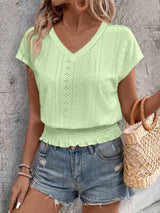 2025 Spring Summer New Fashion Blouses Solid V-Neck Jacquard Hollow-Out Smocking Short-Sleeve Shirts Fashion Casual Women's Tops
