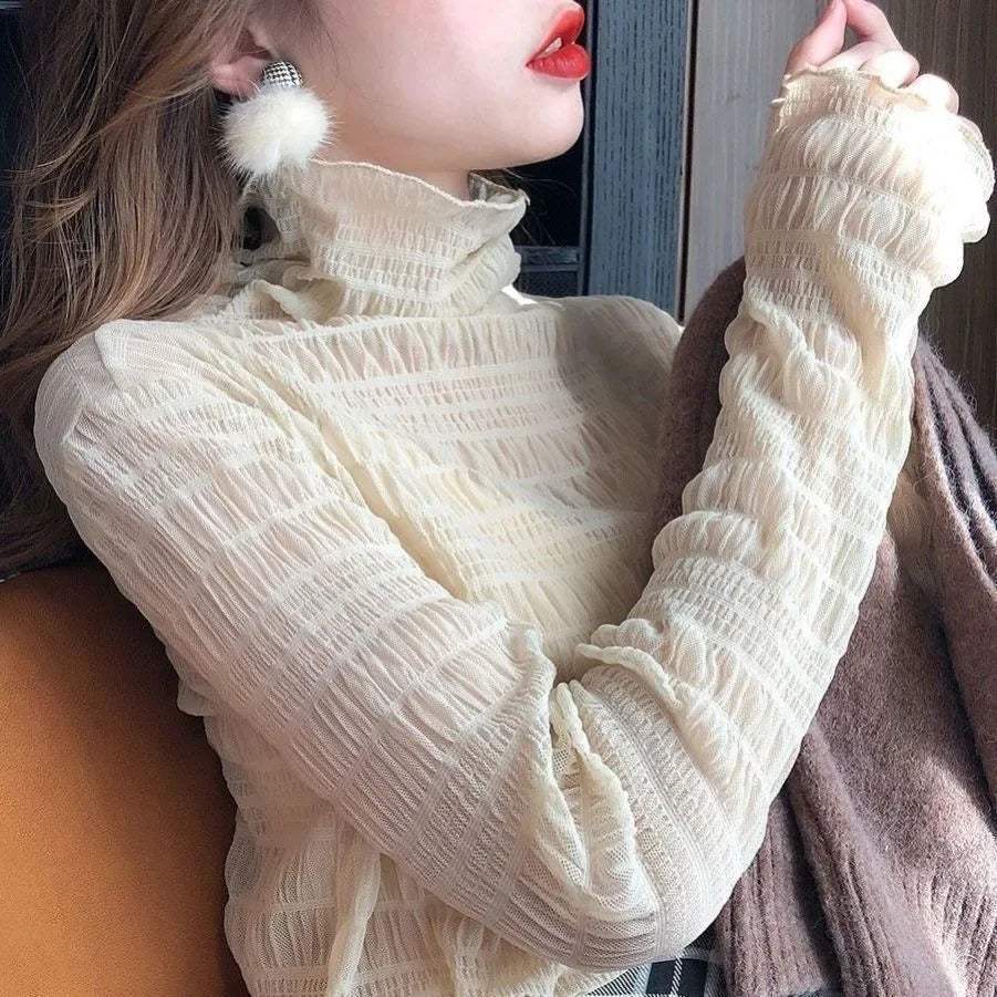 Women Elegant High Neck Polka Dot Blouse Mesh Lace Stitching Puff Long Sleeve Shirt Slim Fit Office Ladies Fashion Daily Tops