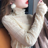 Women Elegant High Neck Polka Dot Blouse Mesh Lace Stitching Puff Long Sleeve Shirt Slim Fit Office Ladies Fashion Daily Tops
