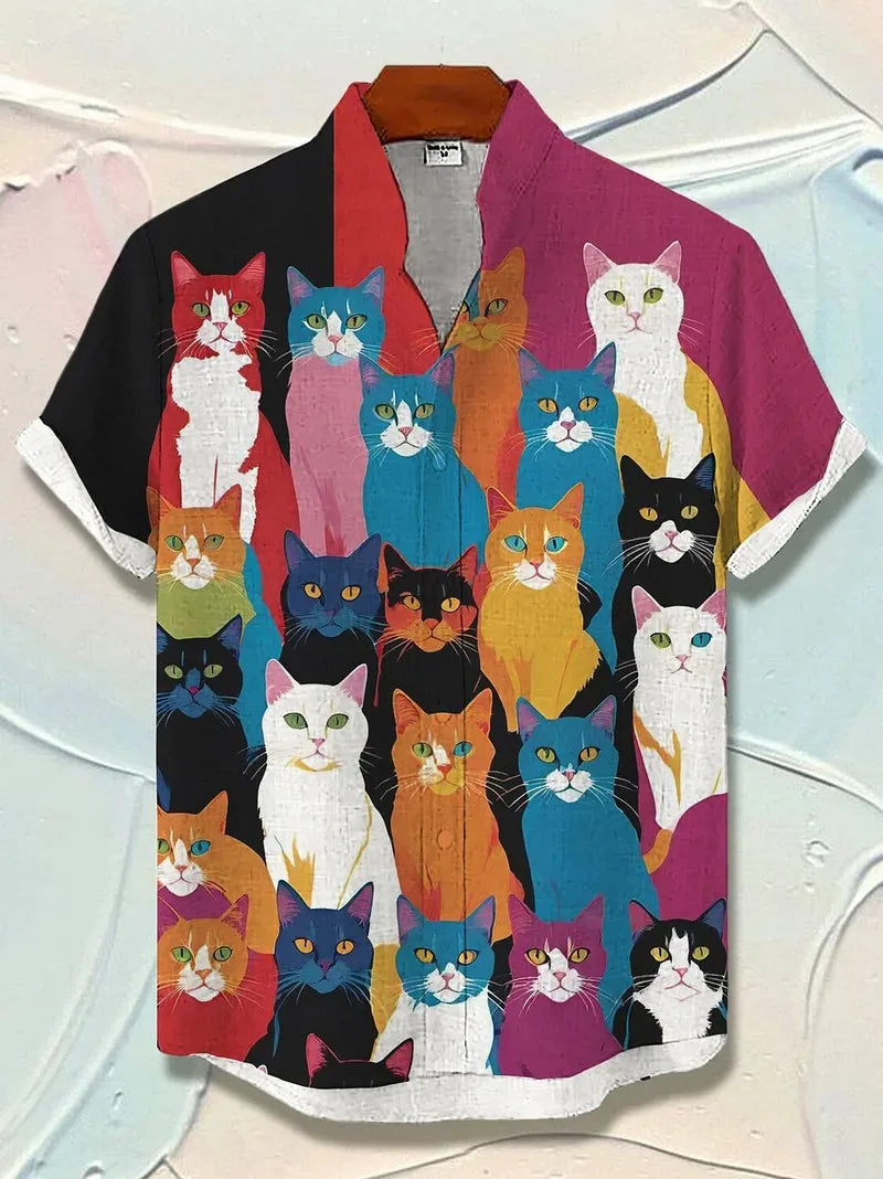 Men's Cat Graphics Shirts Short Sleeved Button Down Lapel Shirt For Summer Oversized Tops Vacation Casual Hawaiian Shirts