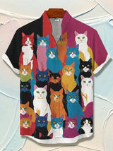 Men's Cat Graphics Shirts Short Sleeved Button Down Lapel Shirt For Summer Oversized Tops Vacation Casual Hawaiian Shirts