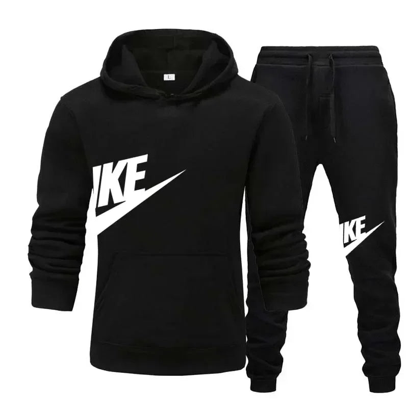 New men's casual fitness and running sportswear for autumn and winter, fashionable printed loose hooded pullover + long pants se