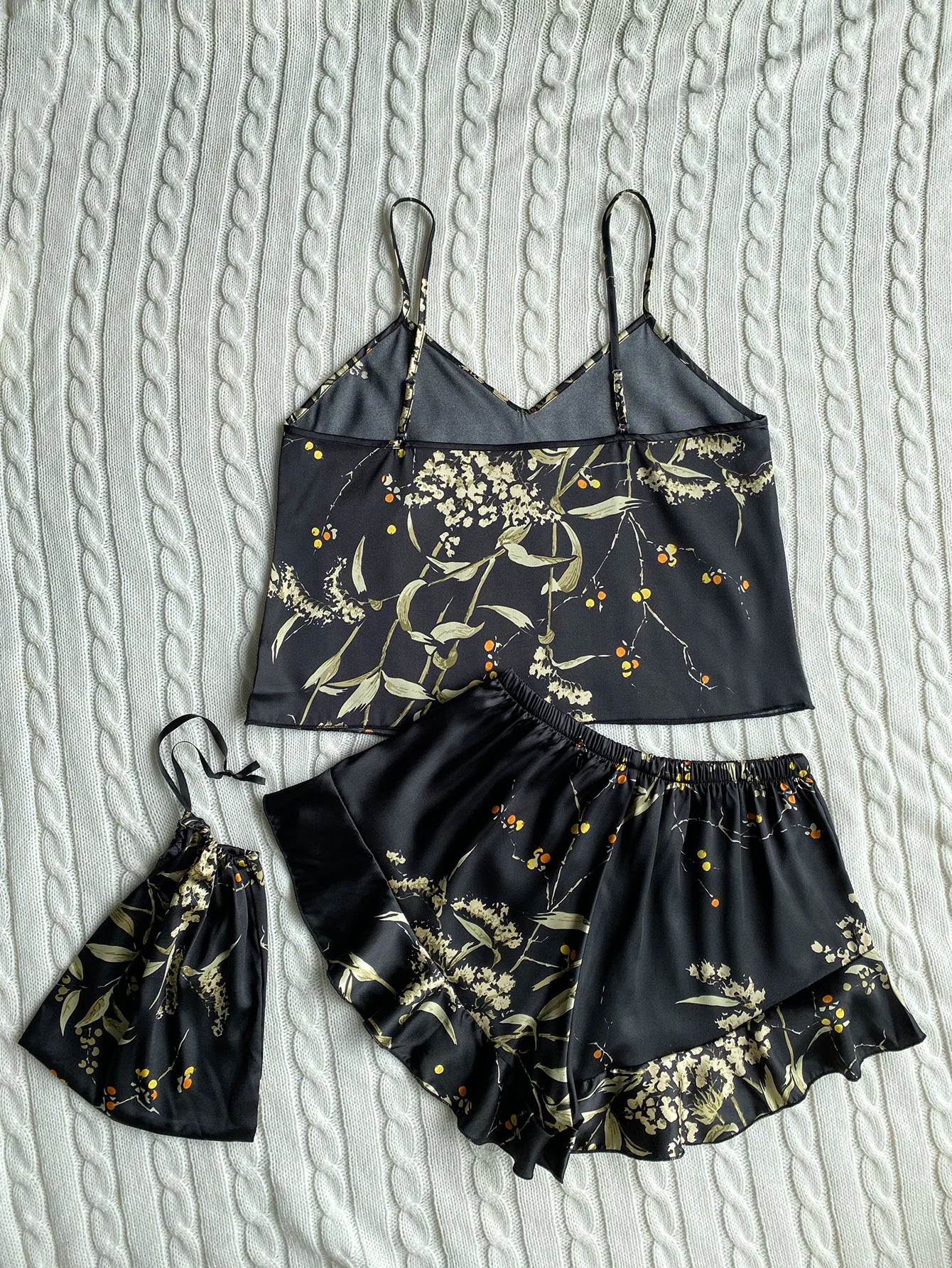 Elegant Floral Print Cami Tops Ruffle Hem Shorts Pajama Set  Women's Sleepwear Loungewear