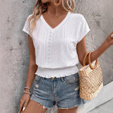 2025 Spring Summer New Fashion Blouses Solid V-Neck Jacquard Hollow-Out Smocking Short-Sleeve Shirts Fashion Casual Women's Tops