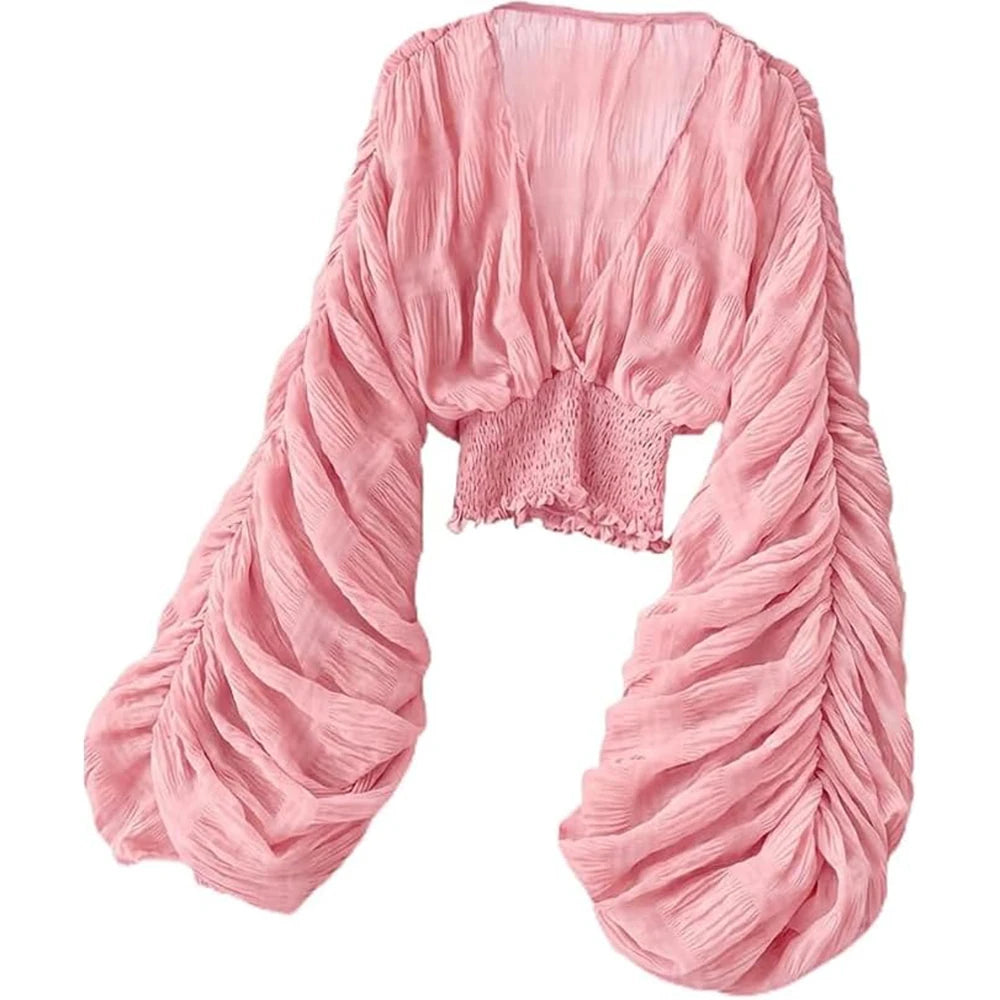 Summer Sexy Draped Chiffon Blouse For Women Elegant V-Neck Puff Long Sleeve Short Tops Female Slim Party Shirts 2022 New Fashion