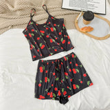 Women Sexy Pajama Ladies Satin Pajama Print Round Neck Ice Silk Top T-Shirt and Shorts Sets Breathable Comfortable Home Wear New