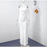Elegant Ribbon Halter Dress Women Solid Off Shoulder Sleeveless Backless Slim Maxi Dresses 2025 Summer Autumn Party Robes Lady