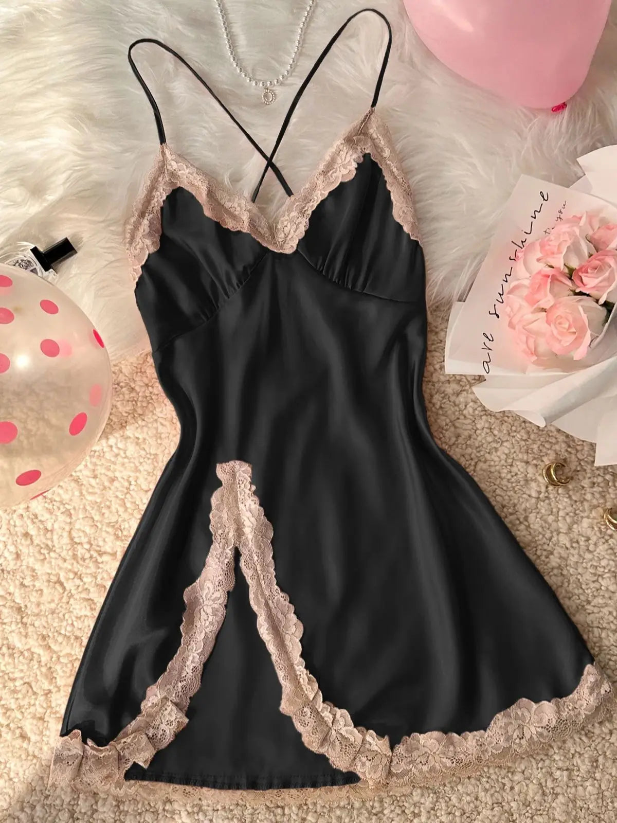 Women's Sexy Fashion V-Neck Sleep Dress Lace Trim Crisscross Back Nightgown Loungewear