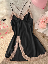 Women's Sexy Fashion V-Neck Sleep Dress Lace Trim Crisscross Back Nightgown Loungewear