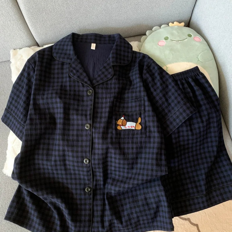 Embroidery Dog Sweet Fashion Cute Pajamas Set for Women Plaid Lapel Neck Elastic Waist Design Pajamas Short New Casual Nightwear