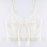 Lace Trim Crop Top Aesthetic White Bow Cute Sweet Mini Vest Knitted Basic Casual Tee Women Summer Backless Beach
