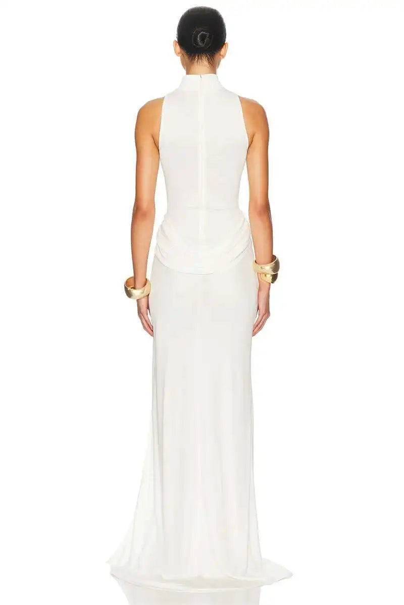 Blifanbo Turtleneck Off-shoulder Sleeveless Thigh Split High Waist Pleated Maxi Dress For Women Elegant Fashion Club Party Dress