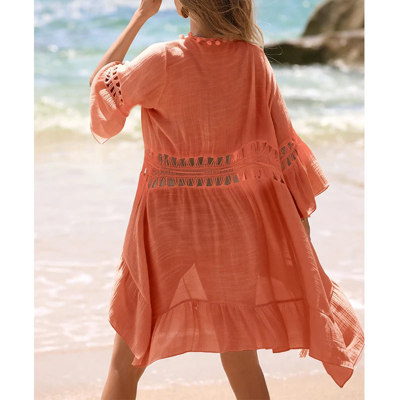 Lightweight Breathable Tassel Tie Up Cardigan, Beach Vacation Bikini Cover-Up Dress, Sexy Fitted Style, Plain Pattern