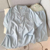 Youth Men's Slim Fit New Pajama Set Solid Color Short Sleeve Lapel Top and Elastic Shorts Pajamas Summer Loungewear Sleepwear