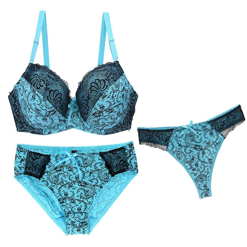 2024 New Sexy Push Up Bra Sets For Women 3 Piece Underwear BCDEF Cup Beige Black Blue Purple Red White Plus Size Lingerie