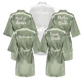 Grass Green Women's White Letter Bride Bridesmaid Short Satin Robes for Wedding Party Getting Ready