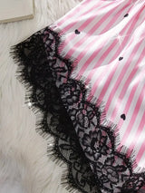 Summer Silk Satin Women's V-Neck Sexy Lace Suspender Pajama Shorts Set Stripes Heart Casual Women's Sleeveless Sexy Pajama Set