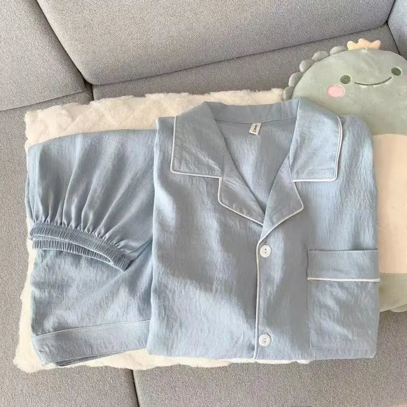 Youth Men's Slim Fit New Pajama Set Solid Color Short Sleeve Lapel Top and Elastic Shorts Pajamas Summer Loungewear Sleepwear