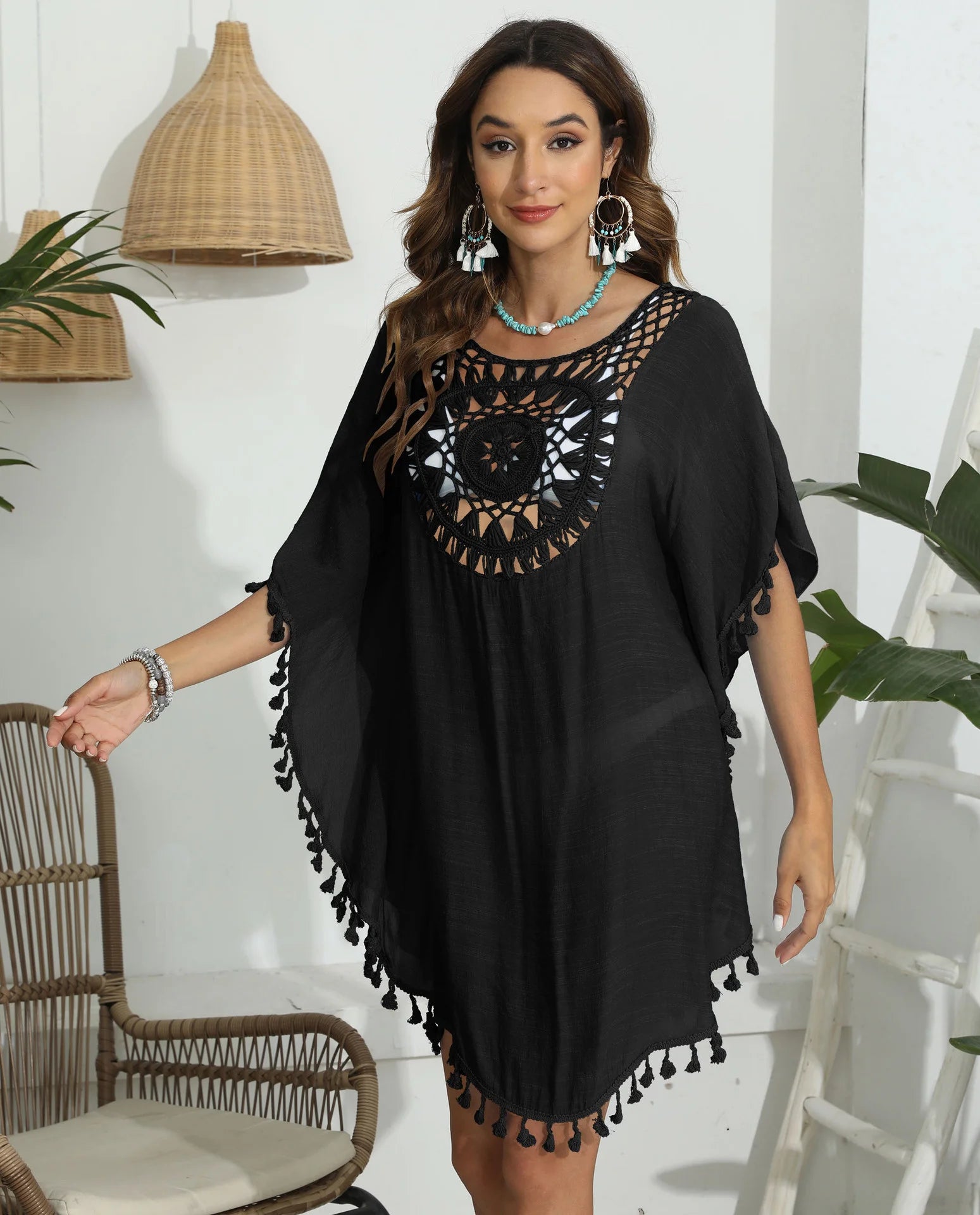 CROCHET BIKINI-Sexy Monochrome Bikini Cover Up Dress, Fashion Swimwear, Sun-resistant, Colorfast