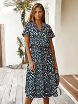 Vintage Floral Print Dress Women Boho Short Sleeve Long Dress Turn Down Collar Casual Waistband Shirt Dresses Robe 2021 Summer