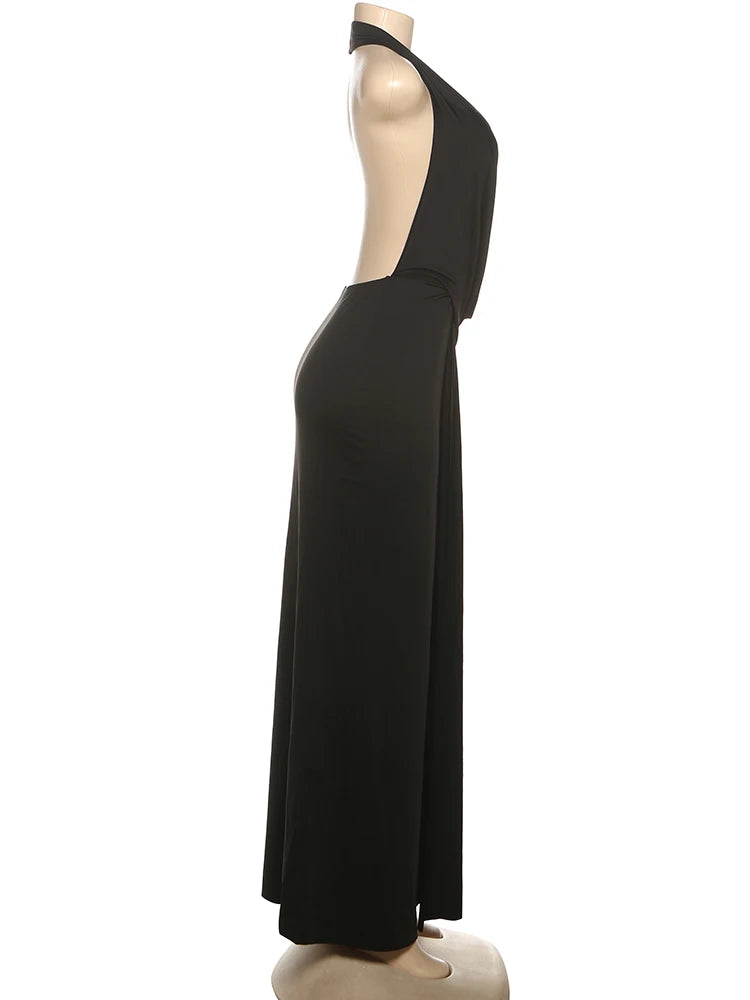 Sisterlinda Sexy High Splits Long Dress Women Halter Deep V-Neck Backless Sleeveless Summer Pool Party Ruched Elegant Vestidos