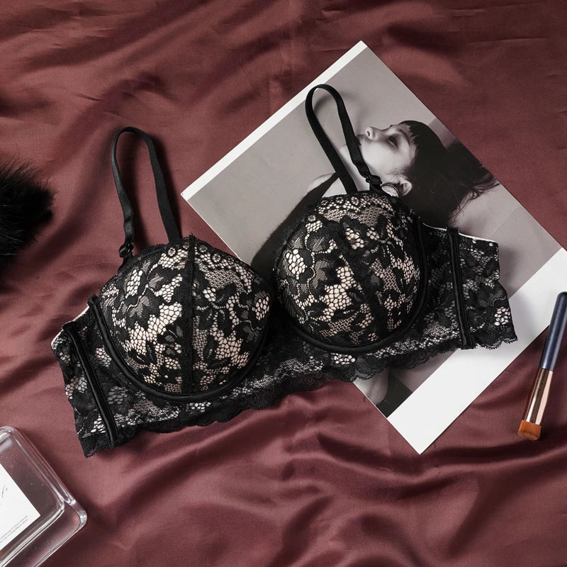 Sexy Ultra-thin Lace Bras Women's Push Up Summer Breathable Bra Hollow Out Gathered Underwear French Elegant Bow Underwire