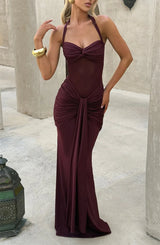 Mozision Halter Backless Sexy Maxi Dress Women Fashion Patchwork Off-shoulder Sleeveless Ruched Draped Bodycon Club Party Dress