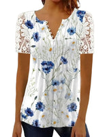 Summer Spring New Women's Loose and Comfortable Casual Lace V Neck Printed Blouse Floral Short Sleeve Elegant Fashion Shirt