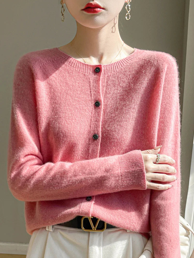 Women 100% Merino Wool Cardigan Soft O-Neck Cashmere Sweater OL Buttoned Knitwear Casual Top Clothing Korean Style