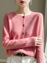 Women 100% Merino Wool Cardigan Soft O-Neck Cashmere Sweater OL Buttoned Knitwear Casual Top Clothing Korean Style
