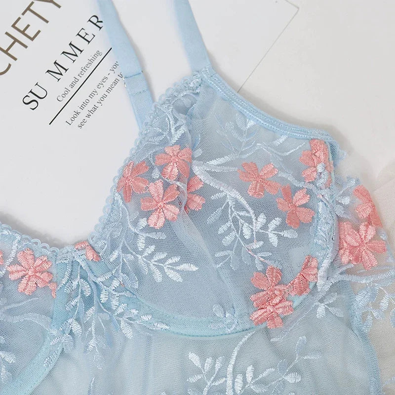 Lace Floral Embroidery See Through Bra Panties Set Women Underwear Erotic Sexy Lingerie Female 2 Pieces Bra Brief Sets