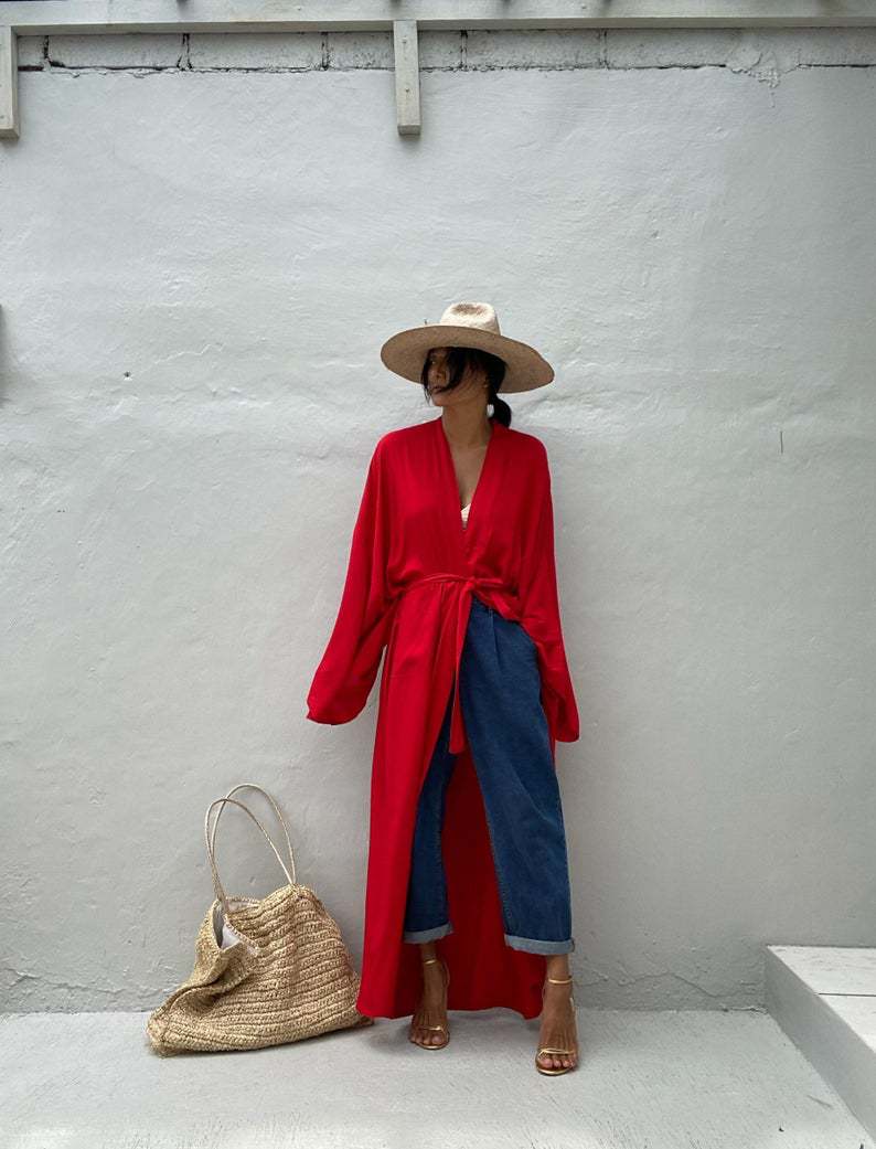 Solid Beach Cover Up Women Self Belted Wrap Kimono Dress Swimsuit 2025 New Robe Summer Beachwear Factory Supply