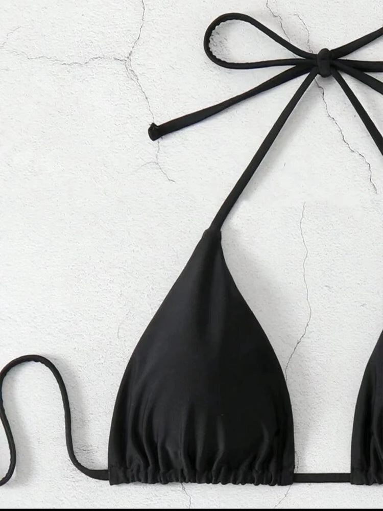 Women Thong Bikini Sexy Solid White/Black/Coffee Halter Swimsuit Lace Up Brazilian Bathing Suit 2025 New Double Fabric Beachwear